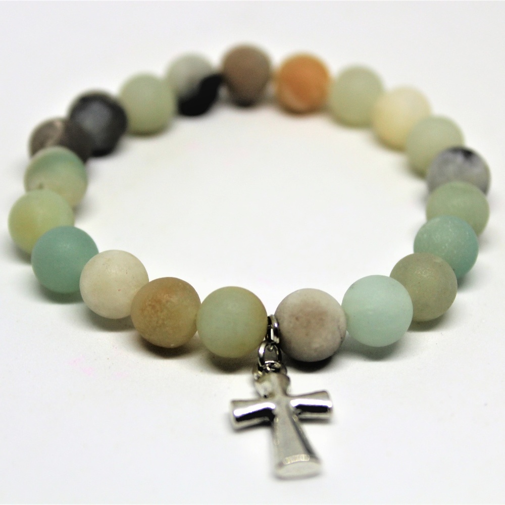Silver Cross charm amazonite bracelet